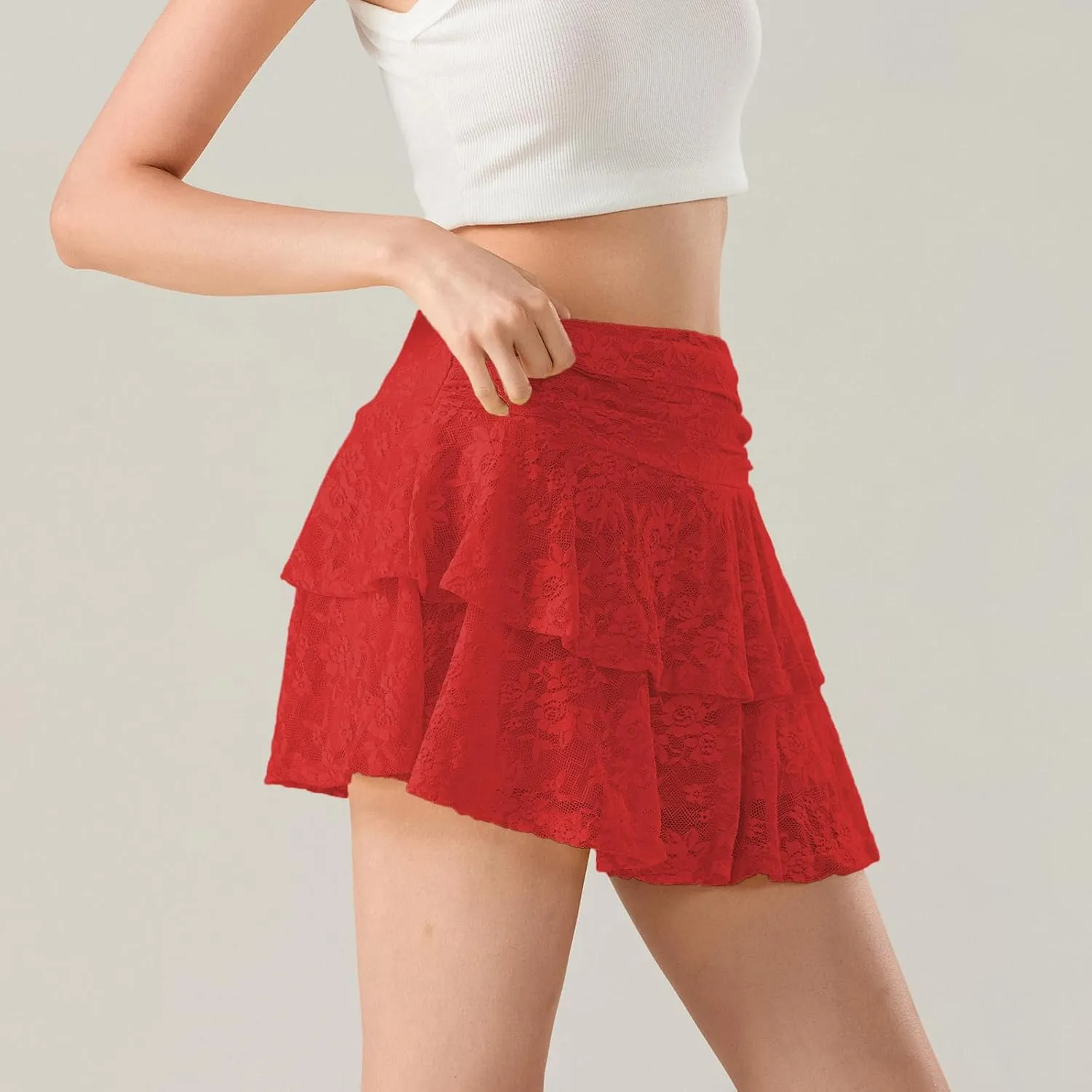 Women Y2k Lace Slip Skirt Mini Ruffle Layered Pleated Flowy Short Skirts