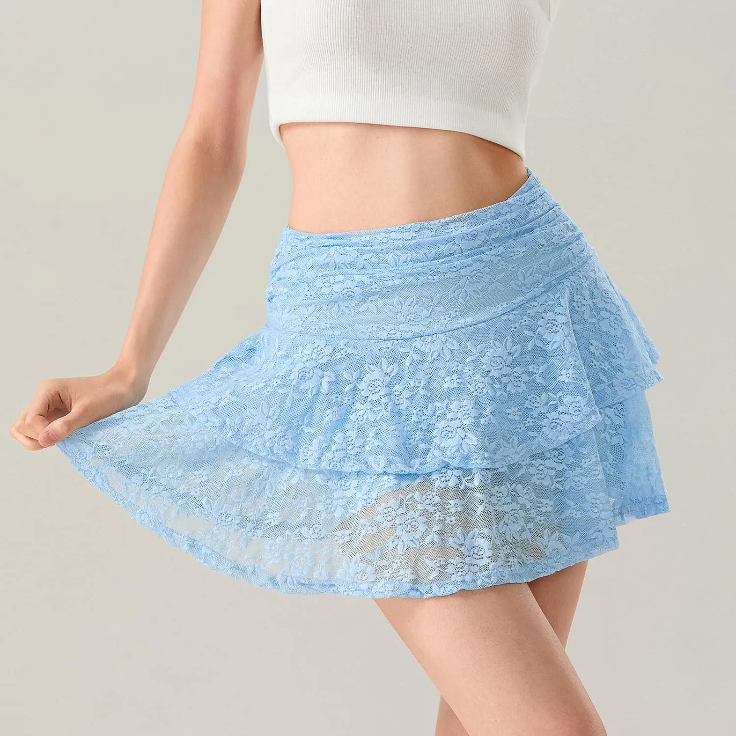 Women Y2k Lace Slip Skirt Mini Ruffle Layered Pleated Flowy Short Skirts