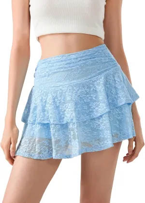 Women Y2k Lace Slip Skirt Mini Ruffle Layered Pleated Flowy Short Skirts
