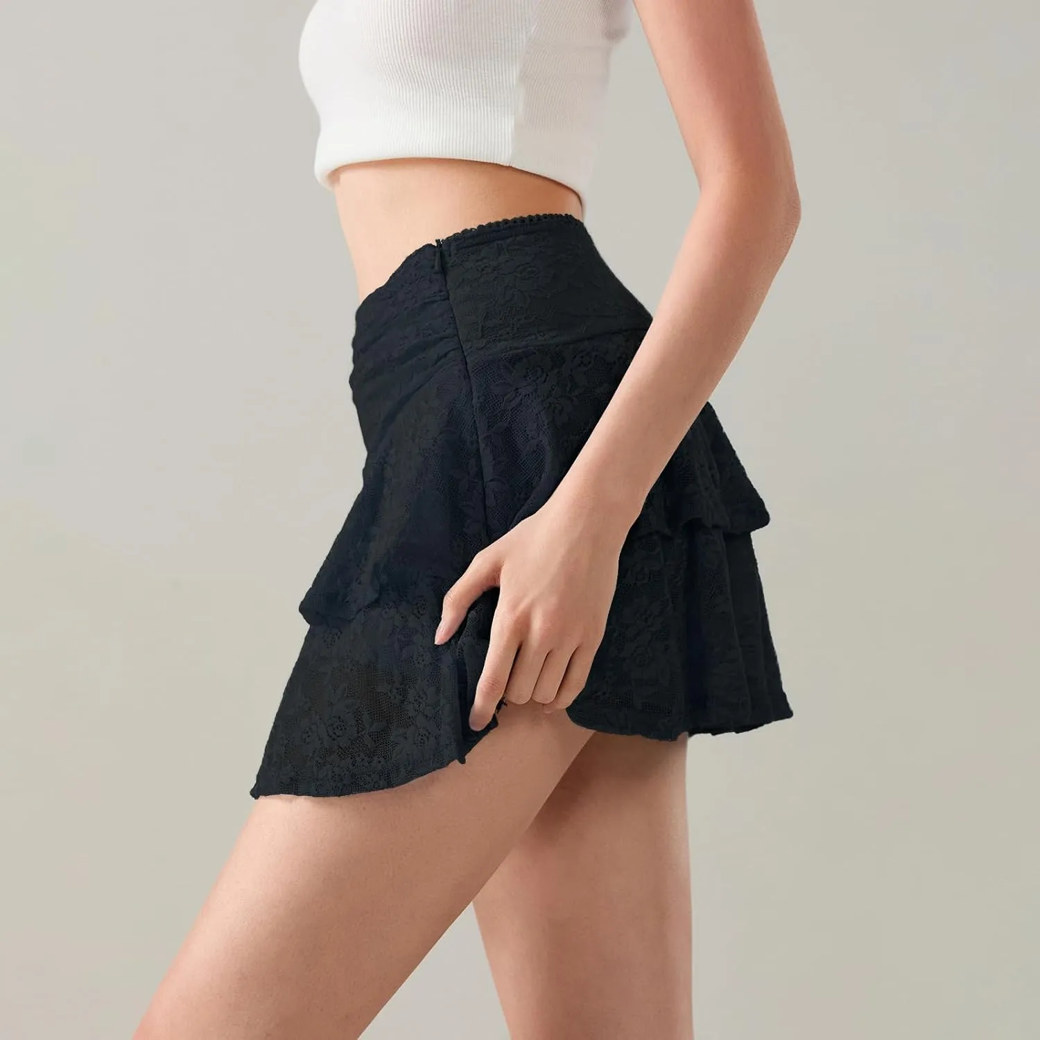 Women Y2k Lace Slip Skirt Mini Ruffle Layered Pleated Flowy Short Skirts