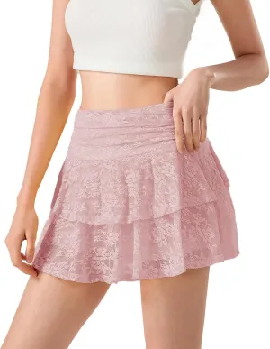Women Y2k Lace Slip Skirt Mini Ruffle Layered Pleated Flowy Short Skirts