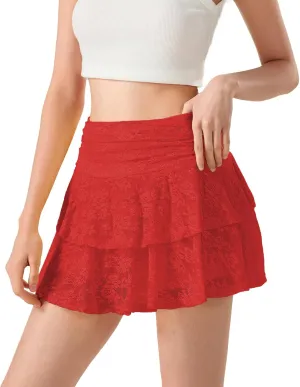 Women Y2k Lace Slip Skirt Mini Ruffle Layered Pleated Flowy Short Skirts