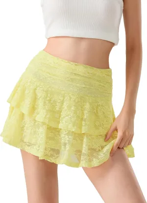 Women Y2k Lace Slip Skirt Mini Ruffle Layered Pleated Flowy Short Skirts