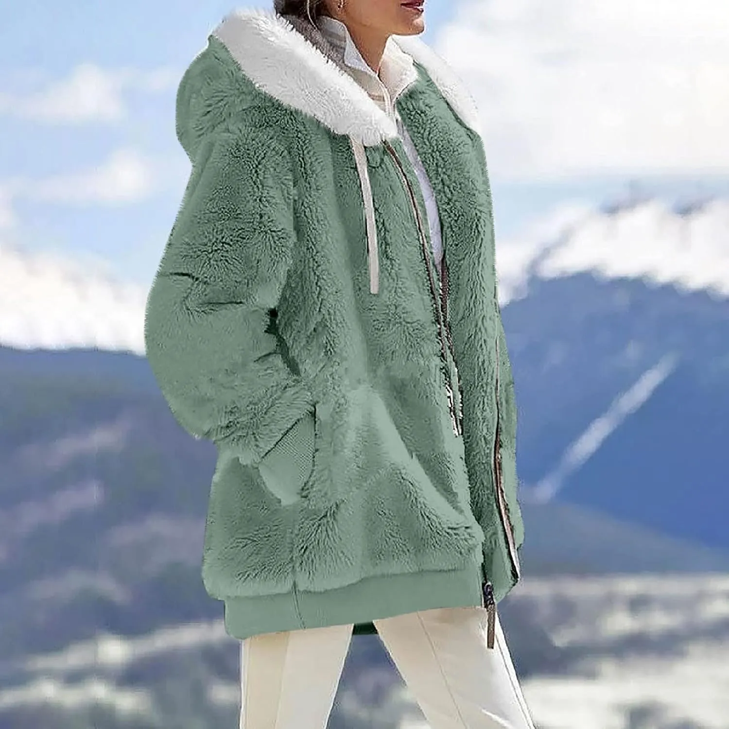 Womens 2024 Winter Fuzzy Fleece Jacket Hooded Color Block Patchwork Coats Soft Outdoor Sherpa Lined Thick Coat