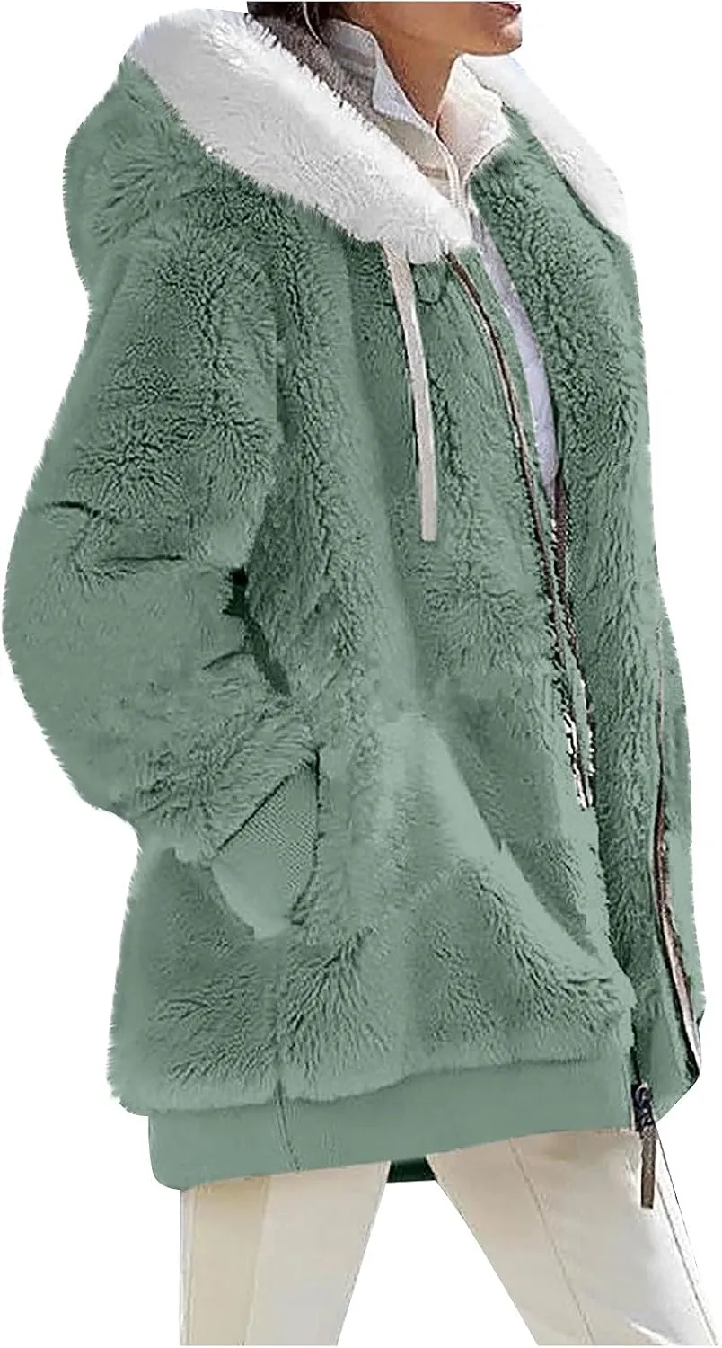 Womens 2024 Winter Fuzzy Fleece Jacket Hooded Color Block Patchwork Coats Soft Outdoor Sherpa Lined Thick Coat