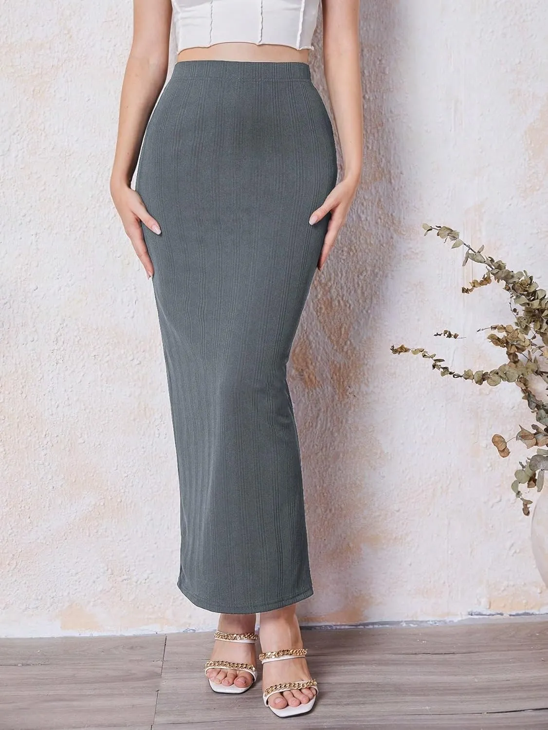 Women's 2025 Casual Maxi Long Skirts Casual Solid Color Slit Skirt