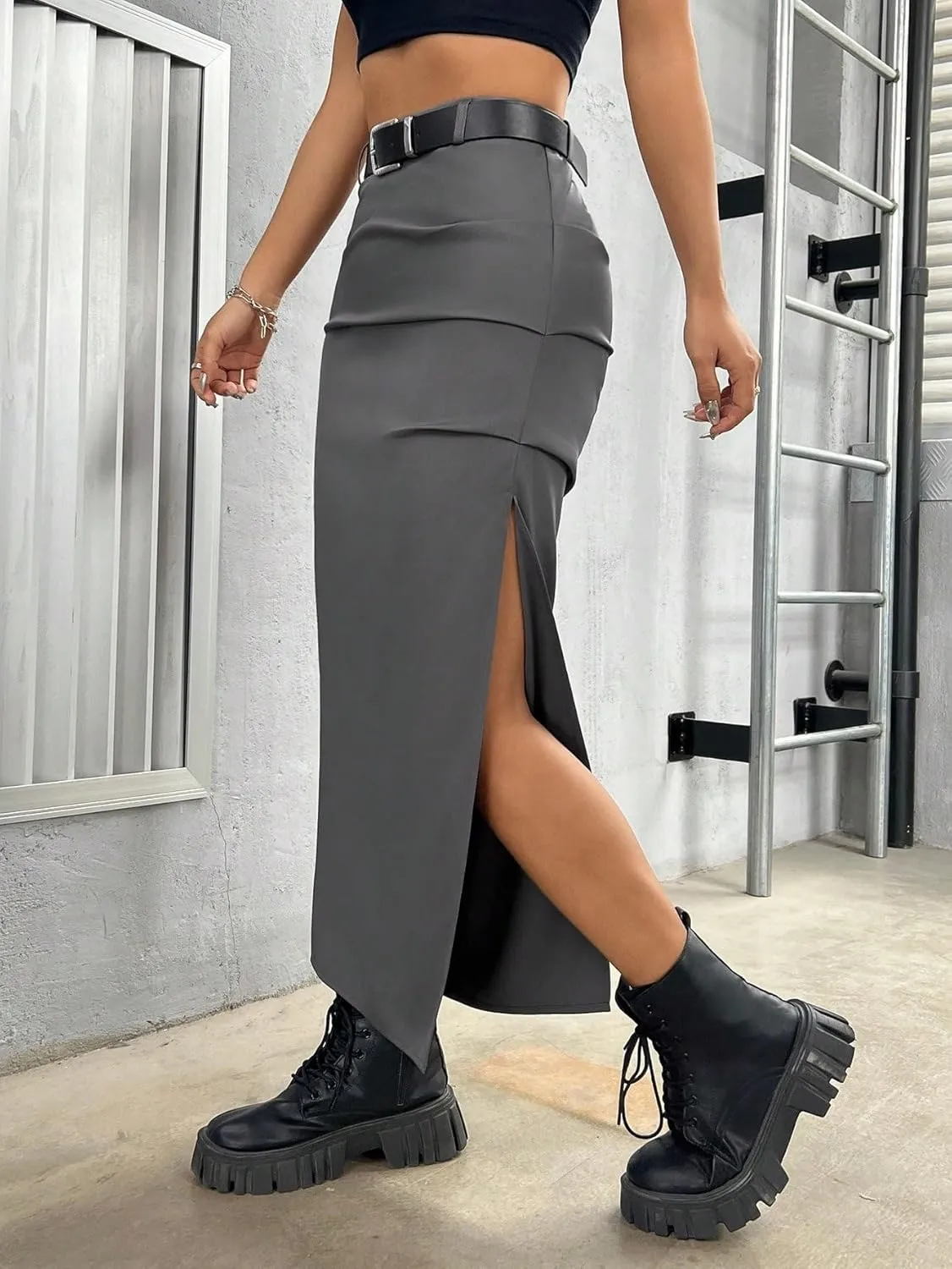 Women's 2025 Casual Maxi Long Skirts Solid Color High Slit Skirt