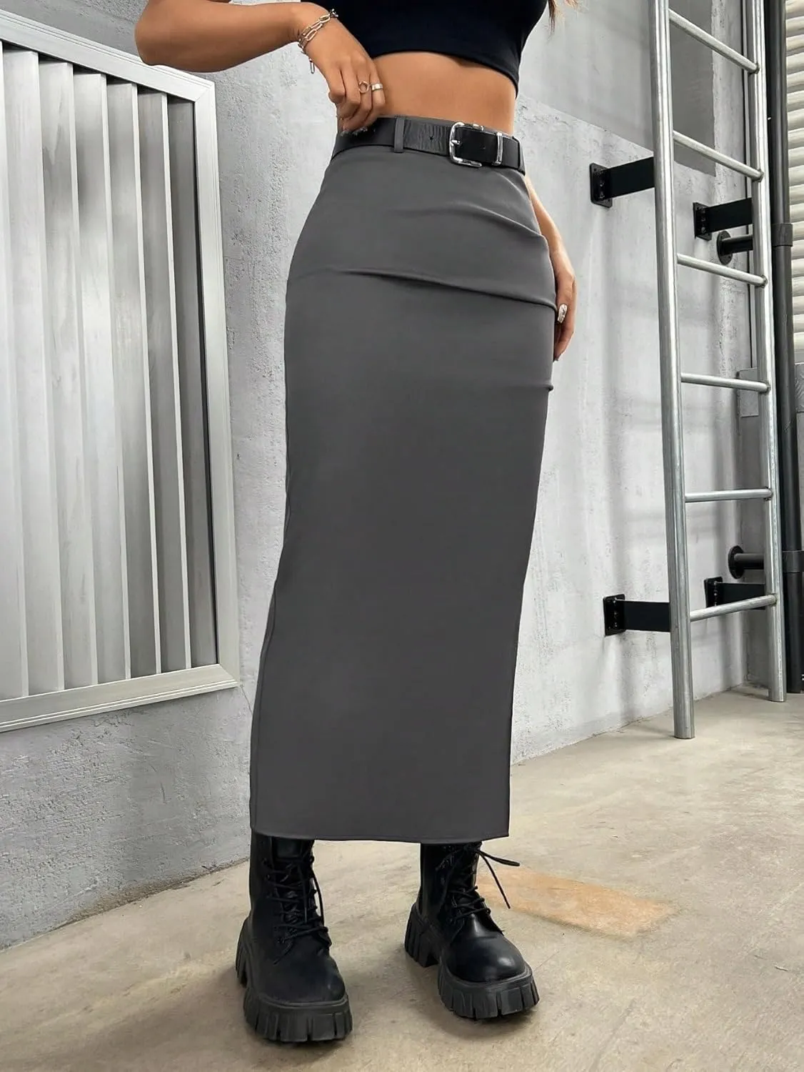 Women's 2025 Casual Maxi Long Skirts Solid Color High Slit Skirt