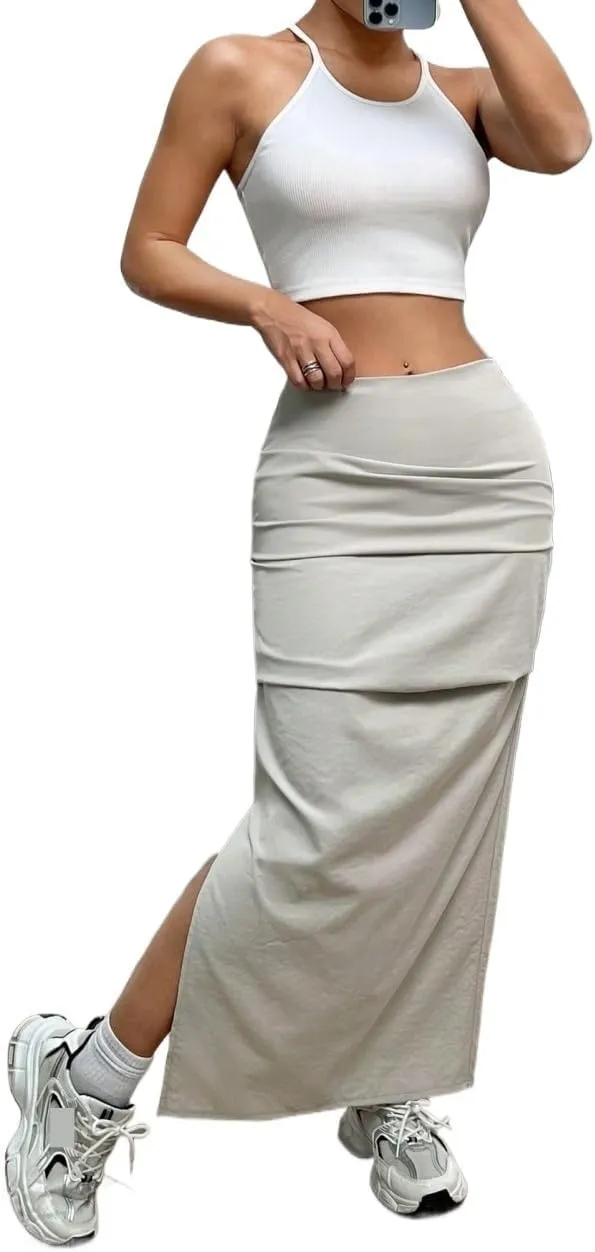 Women's 2025 Casual Maxi Long Skirts Solid Color Slit Skirt