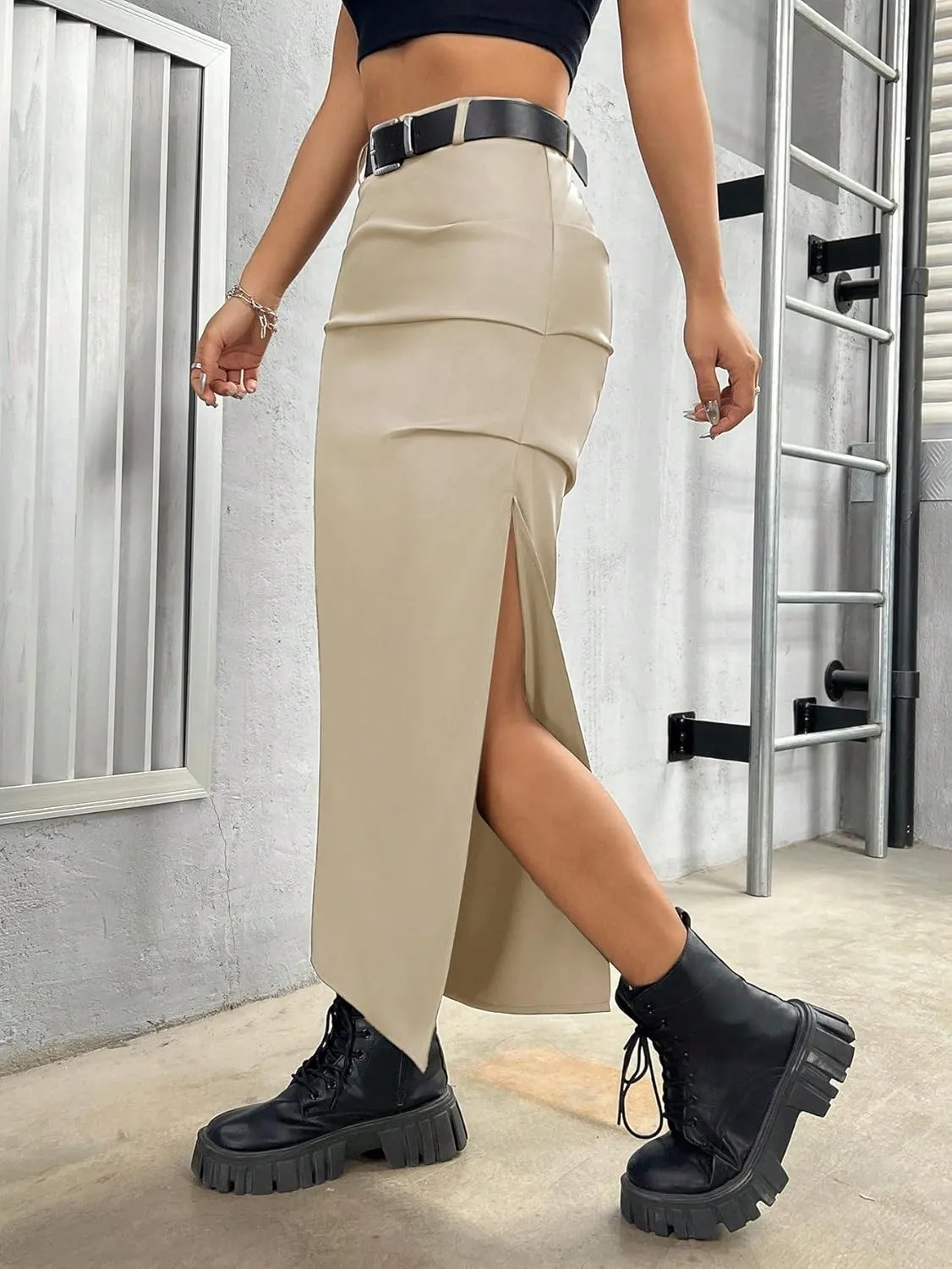 Women's 2025 Casual Maxi Long Skirts Solid Color Slit Skirt