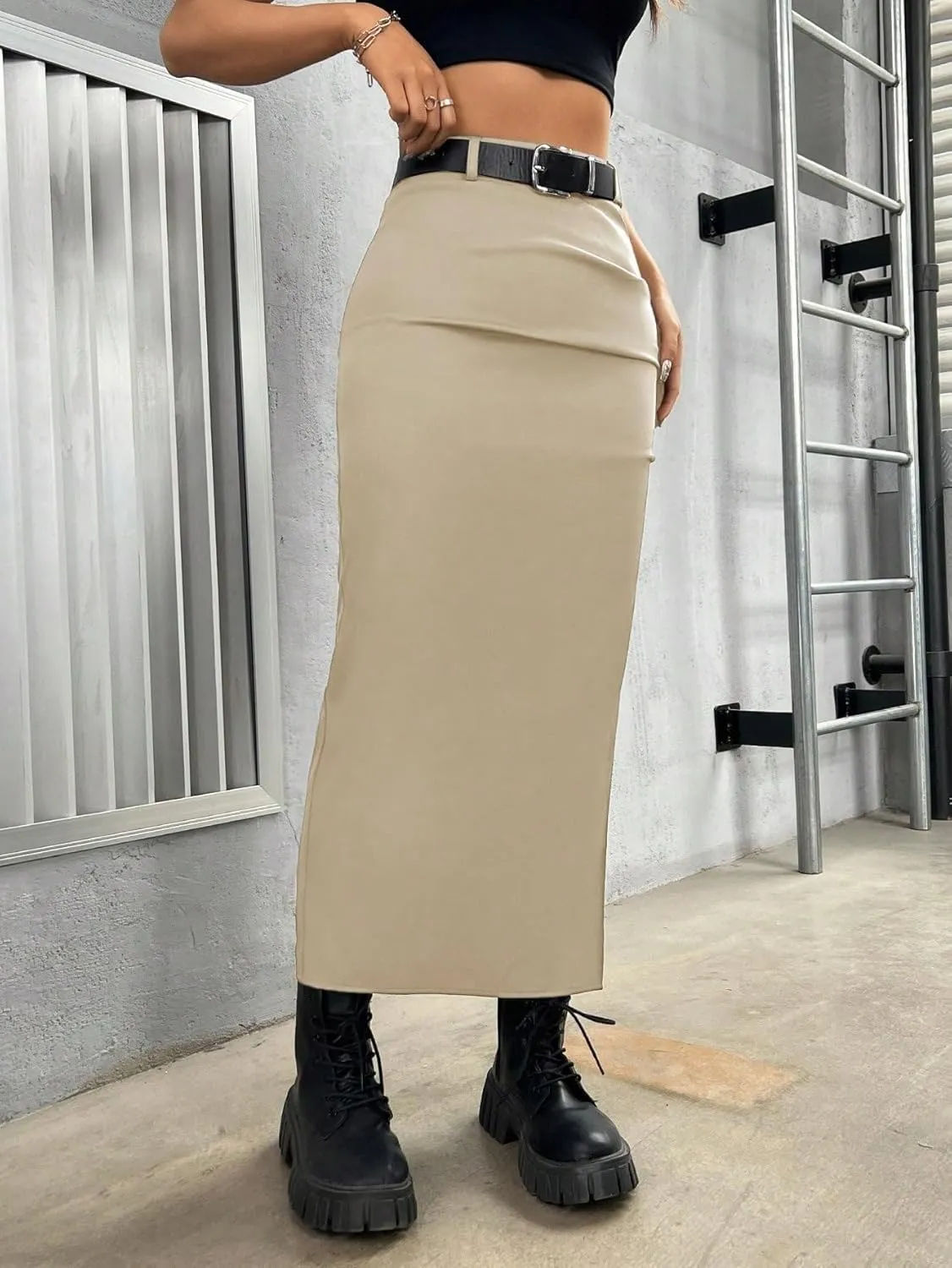 Women's 2025 Casual Maxi Long Skirts Solid Color Slit Skirt