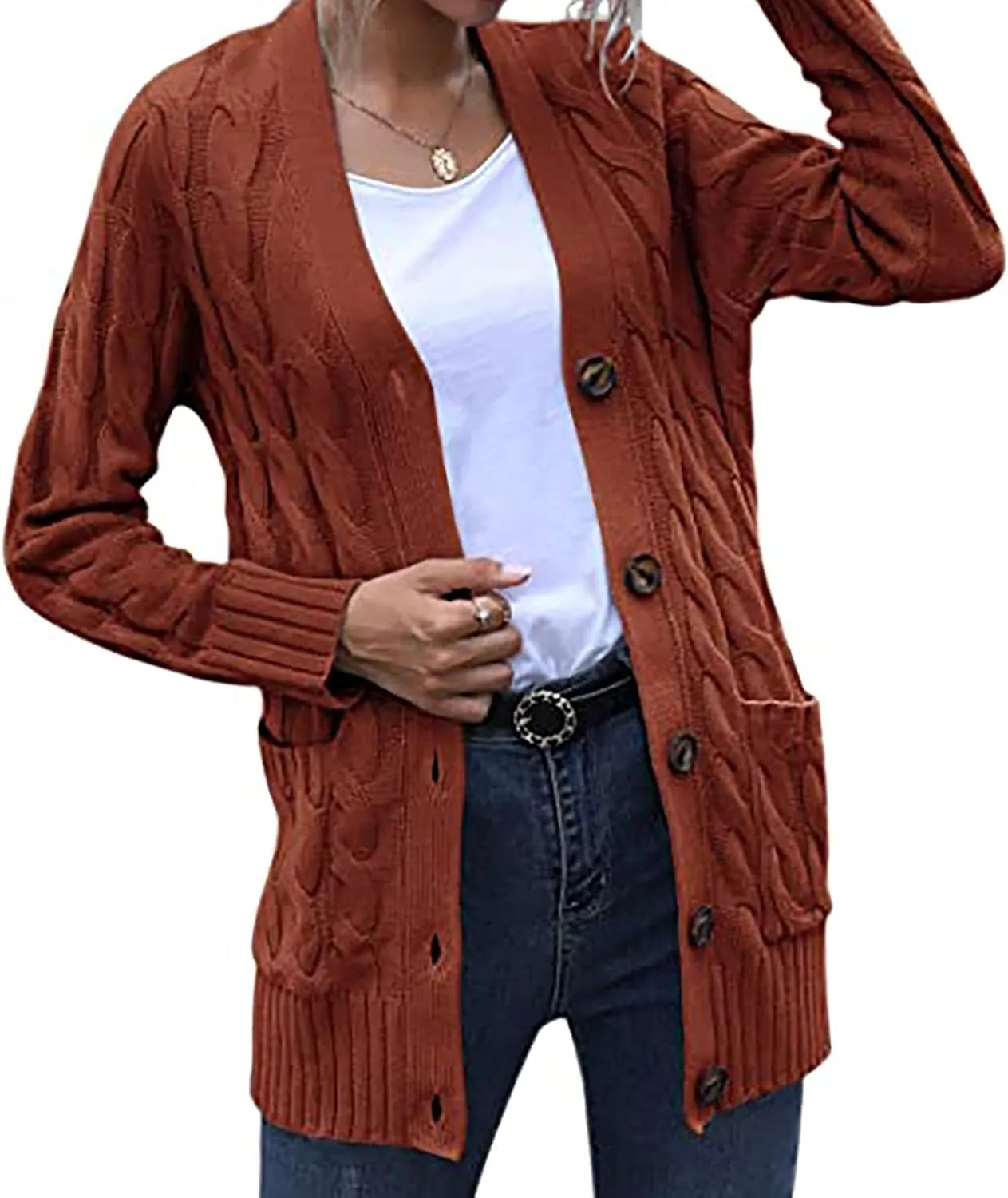 Women's 2025 Fall Casual Cardigan Sweater Ladies Cable Knit Open Front Coat Tops Long Sleeve Button Sweaters & Pocket