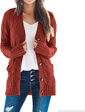 Women's 2025 Fall Casual Cardigan Sweater Ladies Cable Knit Open Front Coat Tops Long Sleeve Button Sweaters & Pocket