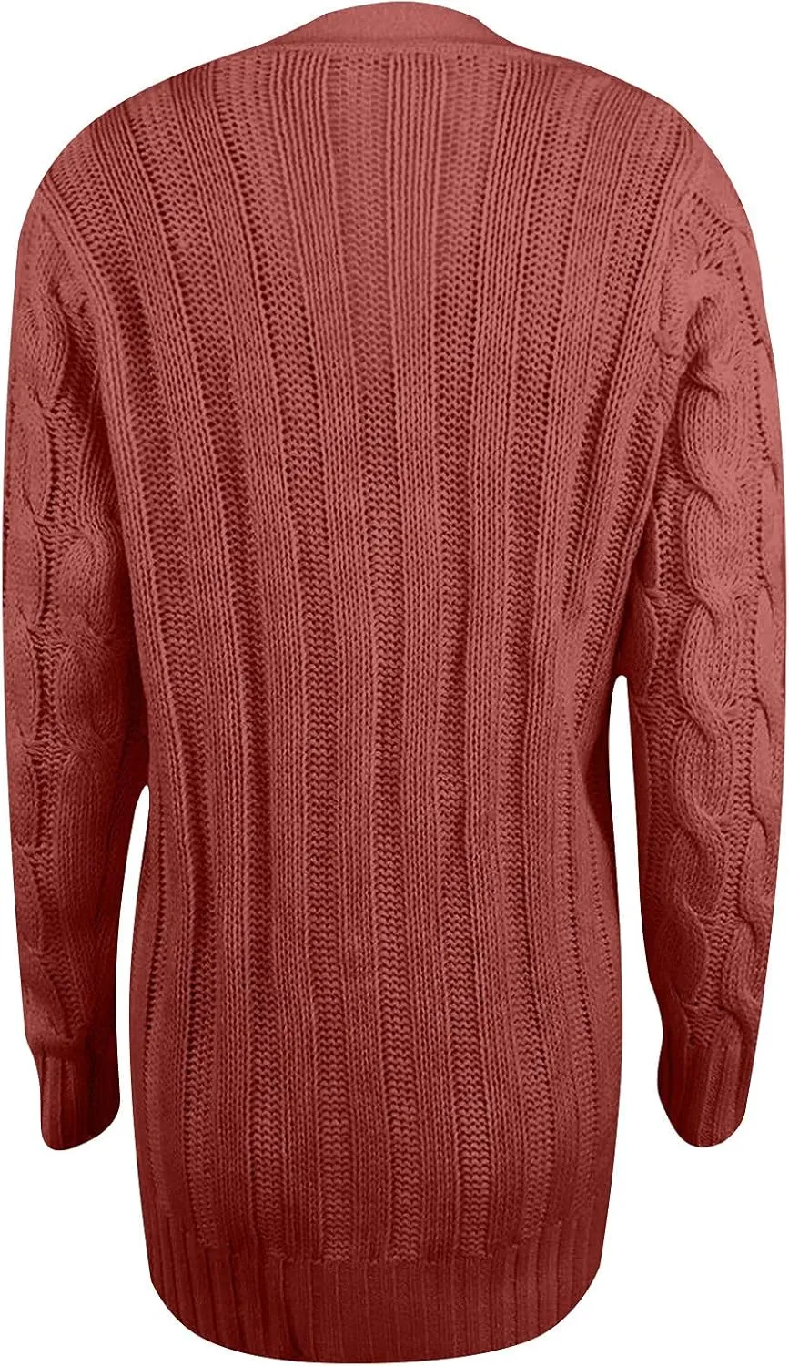 Women's 2025 Fall Casual Cardigan Sweater Ladies Cable Knit Open Front Coat Tops Long Sleeve Button Sweaters & Pocket