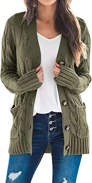 Women's 2025 Fall Casual Cardigan Sweater Ladies Cable Knit Open Front Coat Tops Long Sleeve Button Sweaters & Pocket