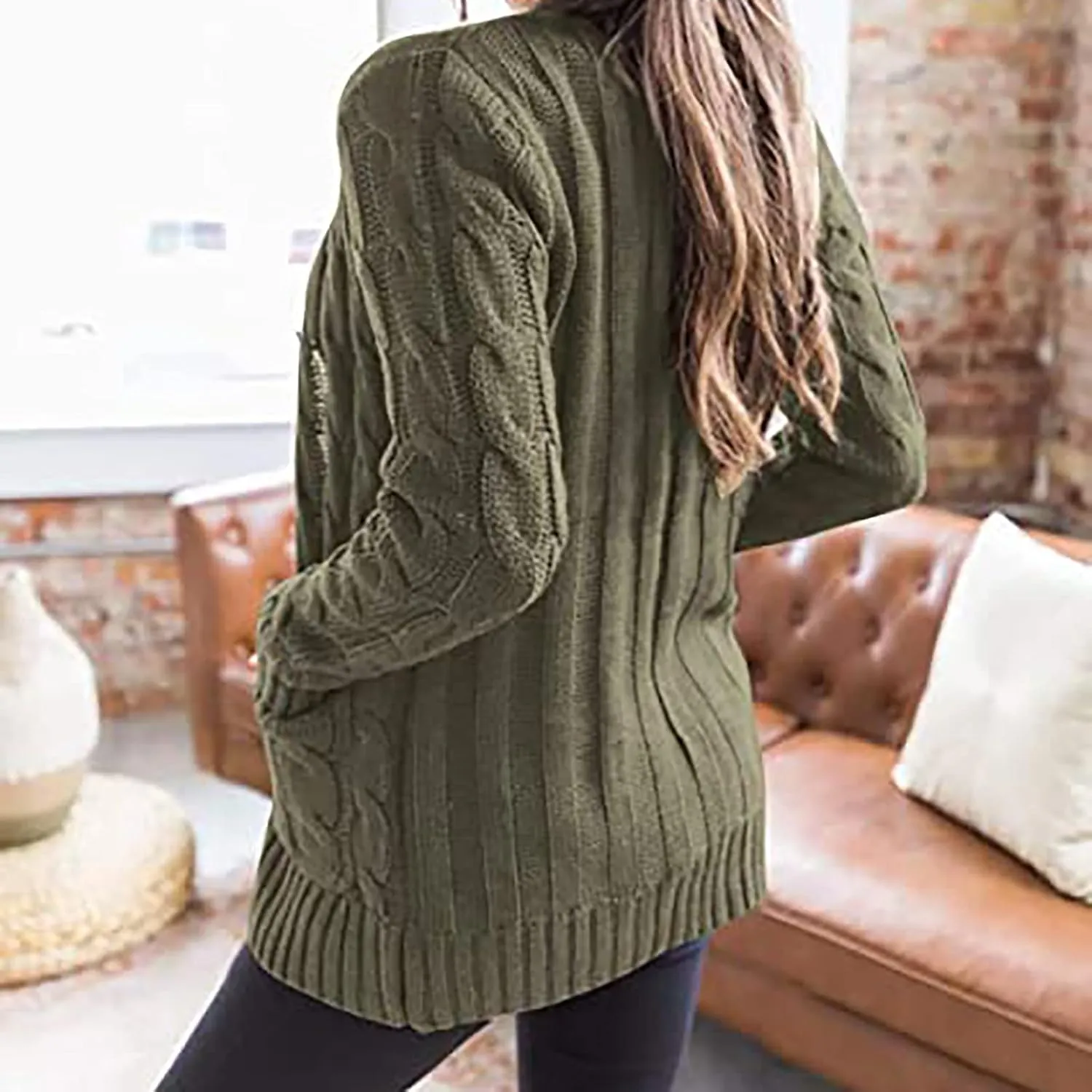 Women's 2025 Fall Casual Cardigan Sweater Ladies Cable Knit Open Front Coat Tops Long Sleeve Button Sweaters & Pocket