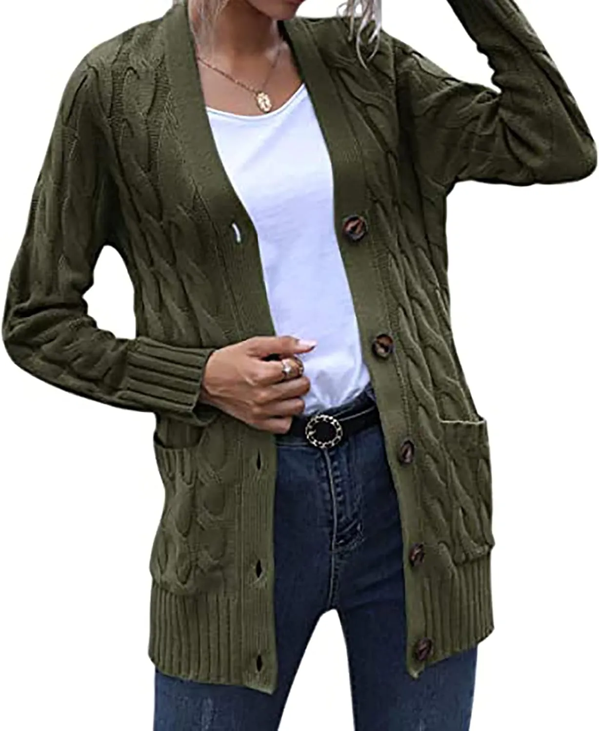 Women's 2025 Fall Casual Cardigan Sweater Ladies Cable Knit Open Front Coat Tops Long Sleeve Button Sweaters & Pocket