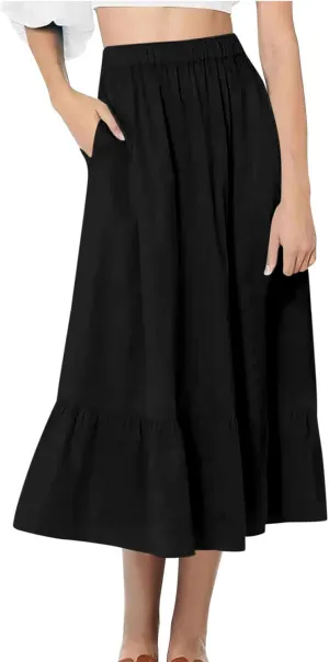 Women's 2025 Fashion Skirt Summer Boho Flowy Swing Tiered A-Line Maxi Skirts Solid Color Casual Elegant Tiered Skirt