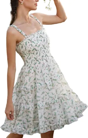 Women's 2025 Summer Floral Dress Square Neck Strapped Swing A Line Beach Dress