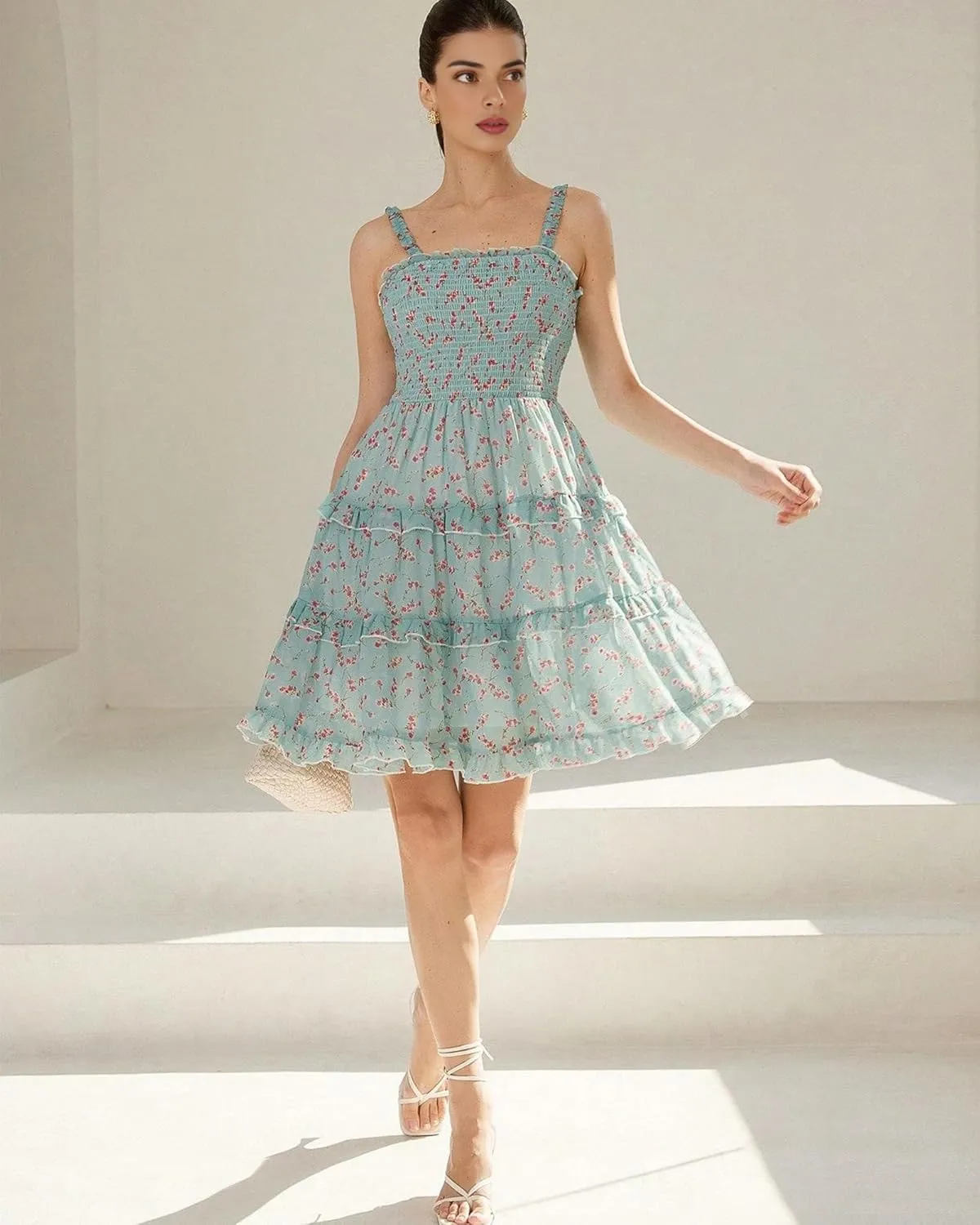 Women's 2025 Summer Floral Dress Square Neck Strapped Swing A Line Beach Dress