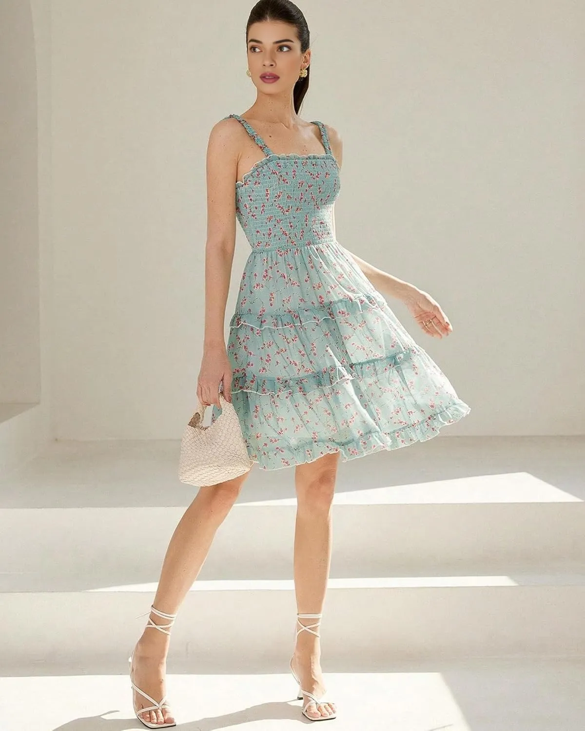 Women's 2025 Summer Floral Dress Square Neck Strapped Swing A Line Beach Dress