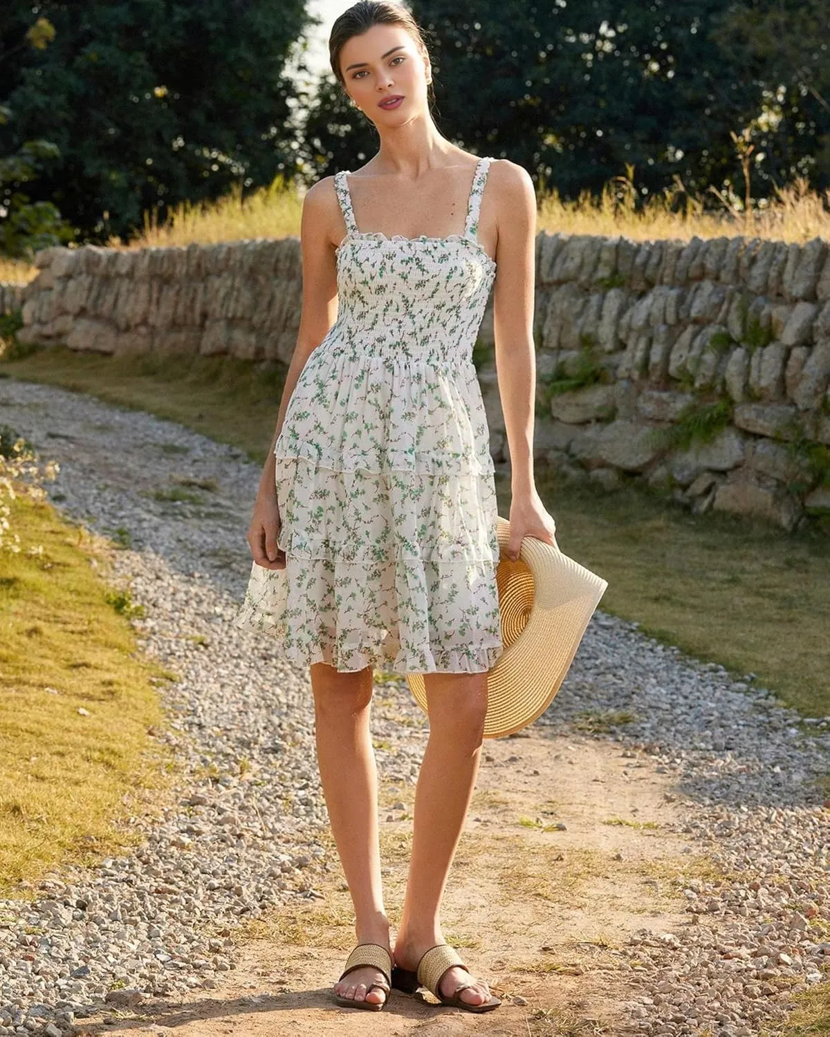 Women's 2025 Summer Floral Dress Square Neck Strapped Swing A Line Beach Dress