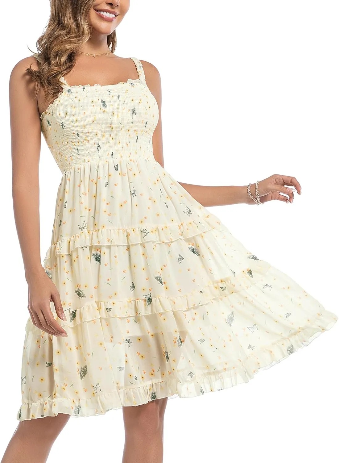 Women's 2025 Summer Floral Dress Square Neck Strapped Swing A Line Beach Dress