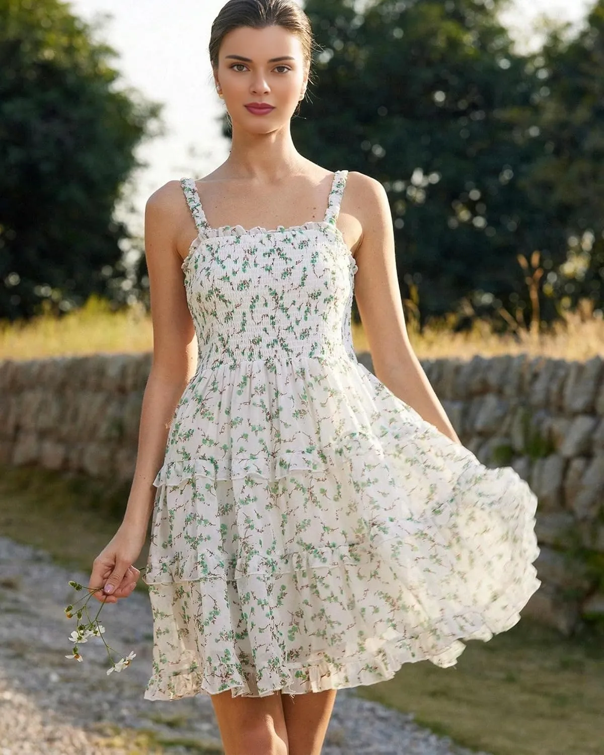 Women's 2025 Summer Floral Dress Square Neck Strapped Swing A Line Beach Dress