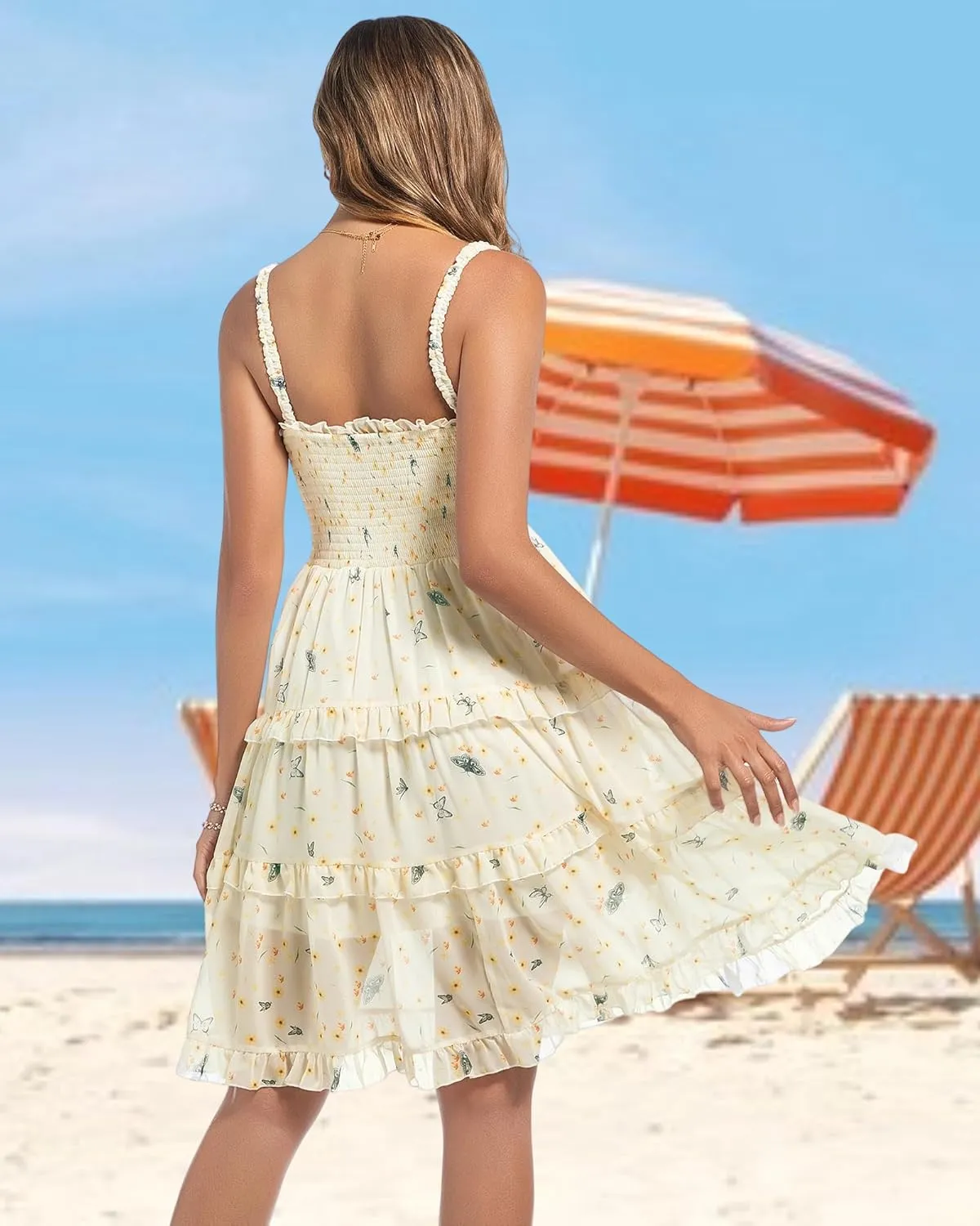 Women's 2025 Summer Floral Dress Square Neck Strapped Swing A Line Beach Dress