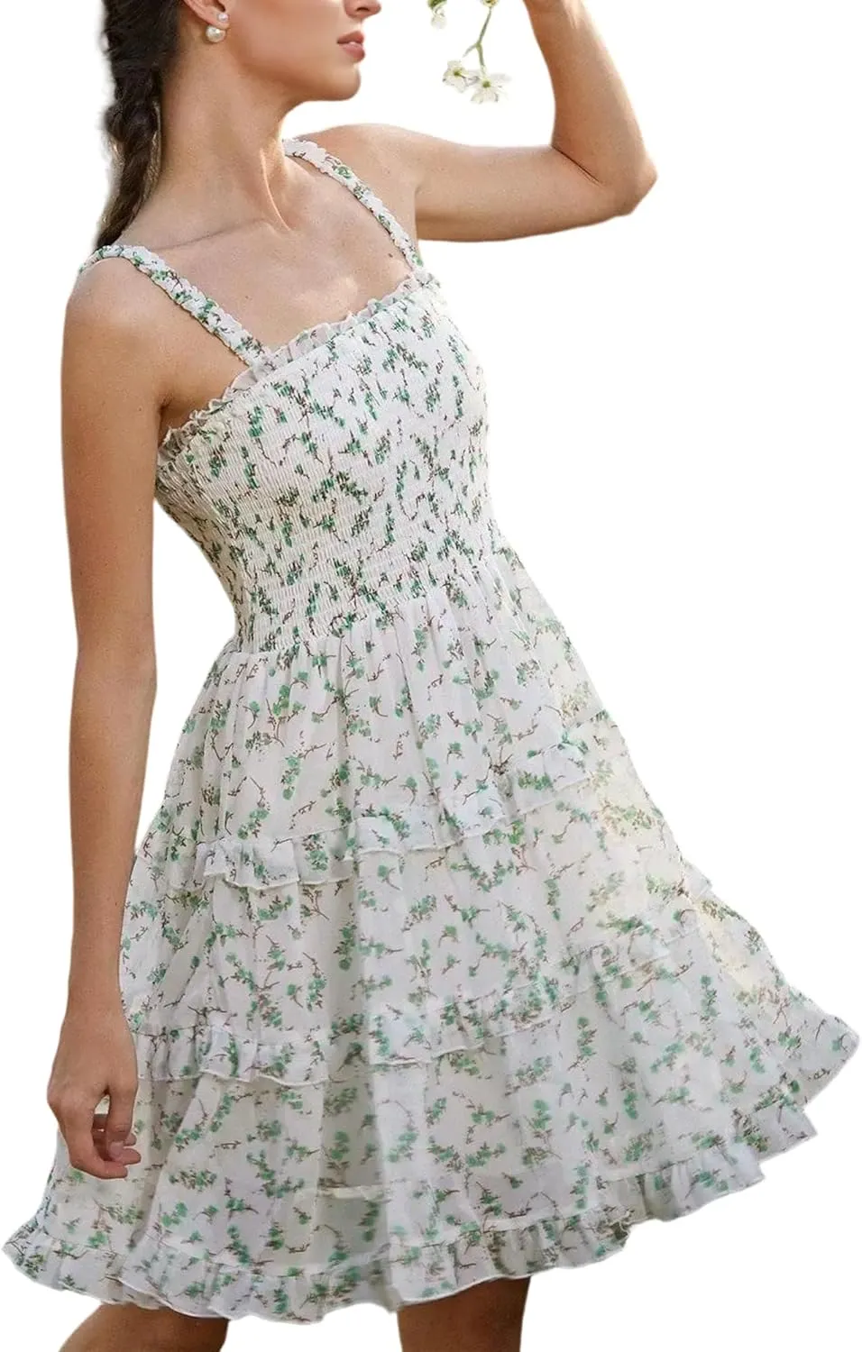 Women's 2025 Summer Floral Dress Square Neck Strapped Swing A Line Beach Dress