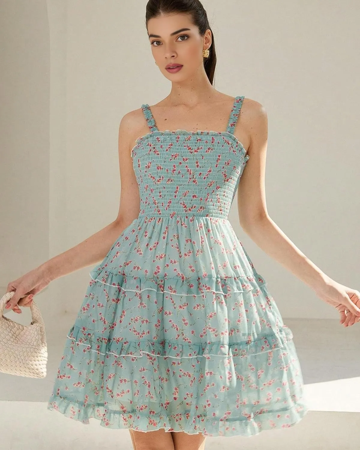 Women's 2025 Summer Floral Dress Square Neck Strapped Swing A Line Beach Dress