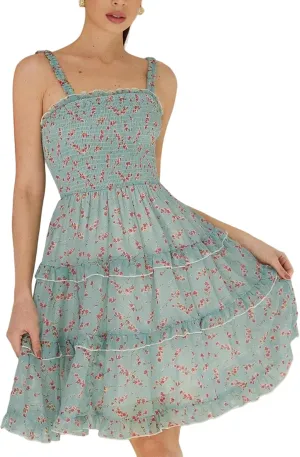 Women's 2025 Summer Floral Dress Square Neck Strapped Swing A Line Beach Dress