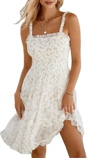 Women's 2025 Summer Floral Dress Square Neck Strapped Swing A Line Beach Dress