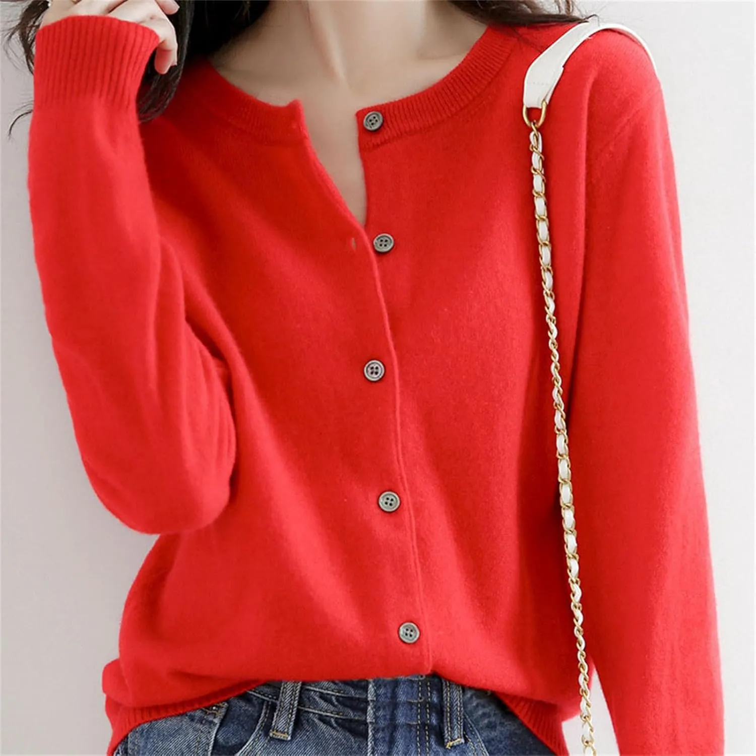 Womens Basic Crew Neck Long Sleeve Button Down Cardigan Knit Coat Women