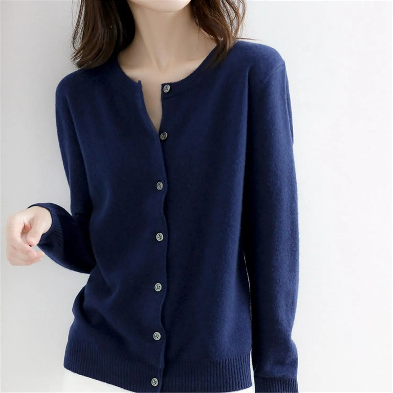 Womens Basic Crew Neck Long Sleeve Button Down Cardigan Knit Coat Women