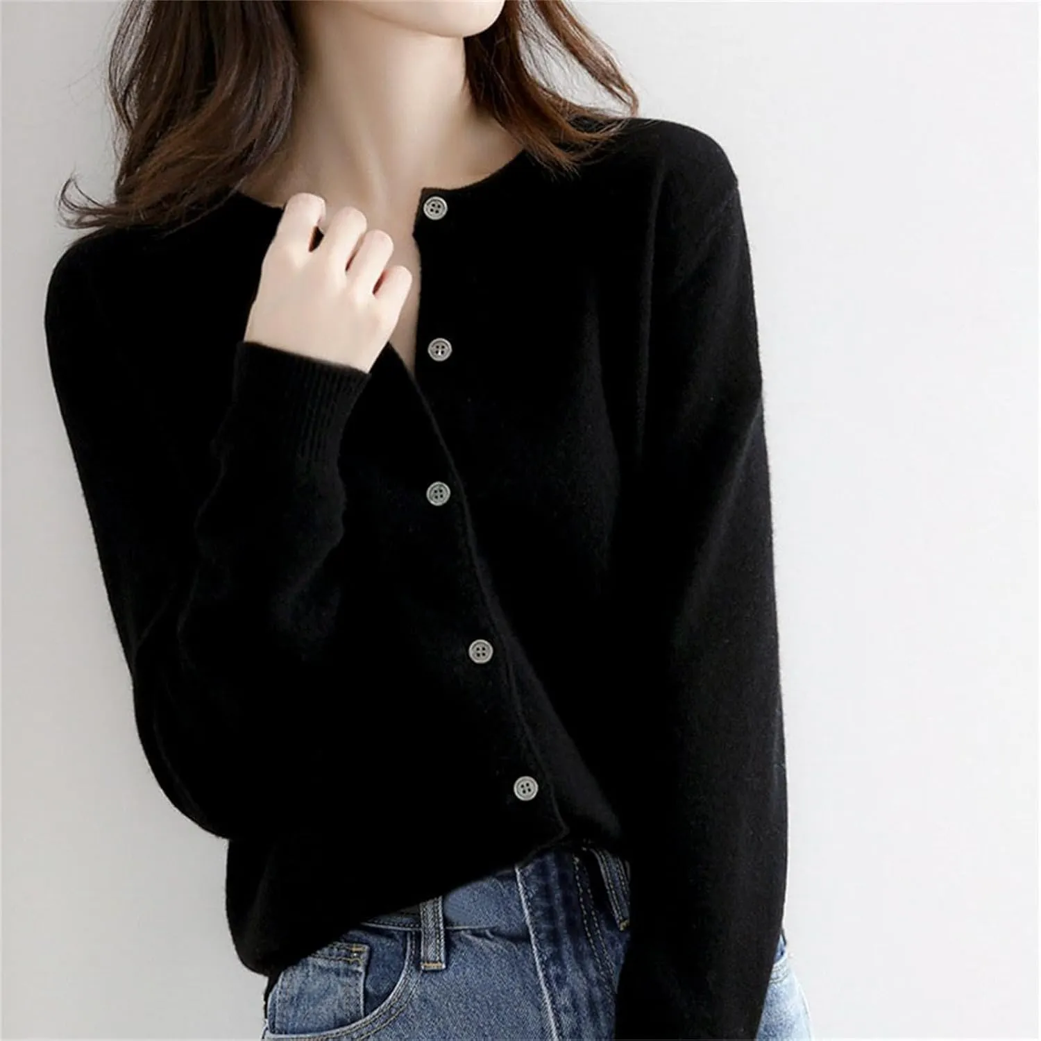 Womens Basic Crew Neck Long Sleeve Button Down Cardigan Knit Coat Women