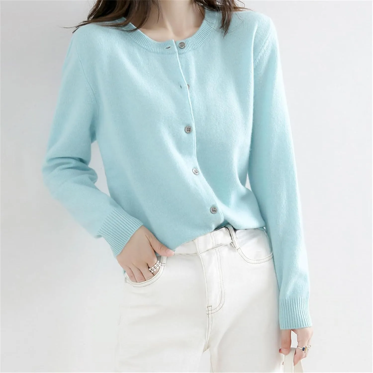 Womens Basic Crew Neck Long Sleeve Button Down Cardigan Knit Coat Women