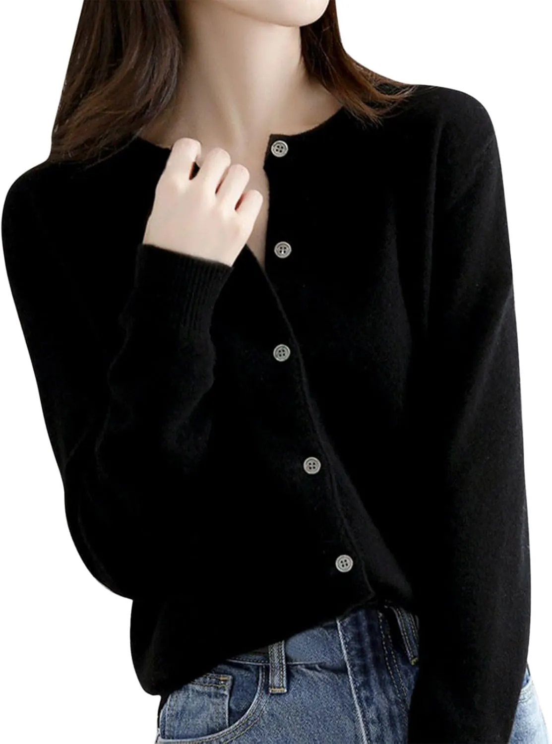 Womens Basic Crew Neck Long Sleeve Button Down Cardigan Knit Coat Women