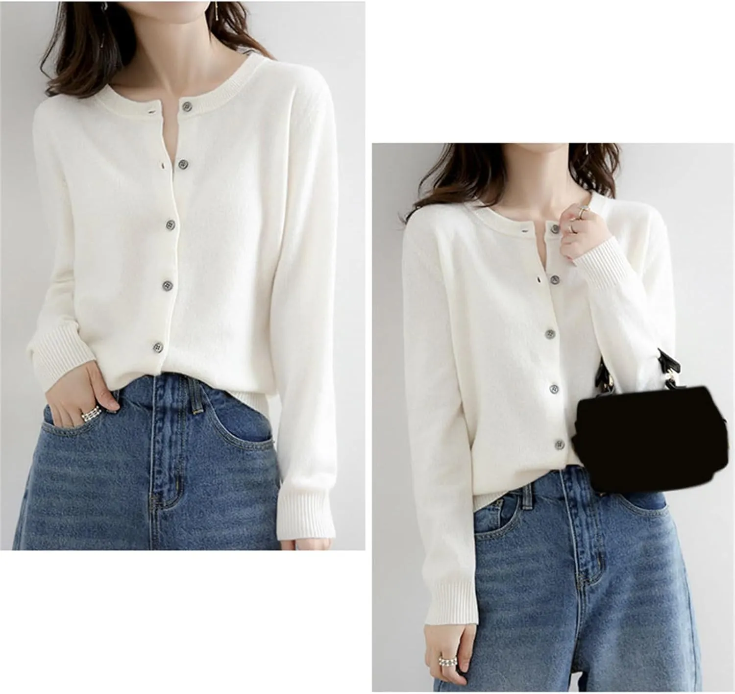 Womens Basic Crew Neck Long Sleeve Button Down Cardigan Knit Coat Women