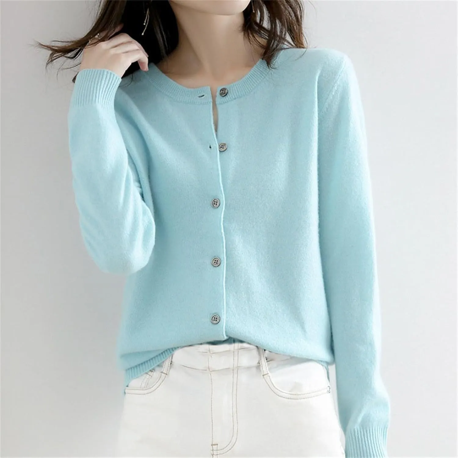 Womens Basic Crew Neck Long Sleeve Button Down Cardigan Knit Coat Women