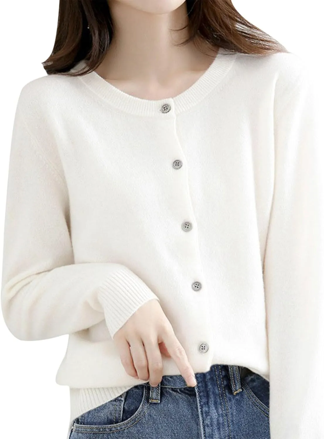 Womens Basic Crew Neck Long Sleeve Button Down Cardigan Knit Coat Women