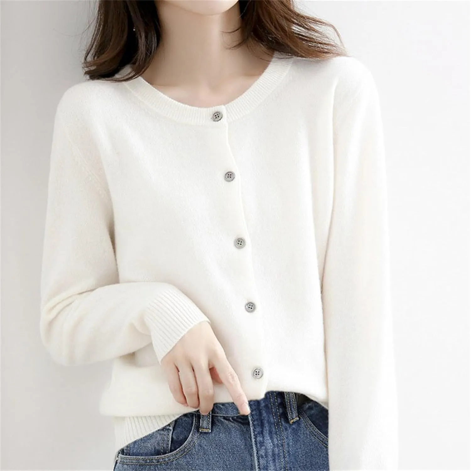 Womens Basic Crew Neck Long Sleeve Button Down Cardigan Knit Coat Women