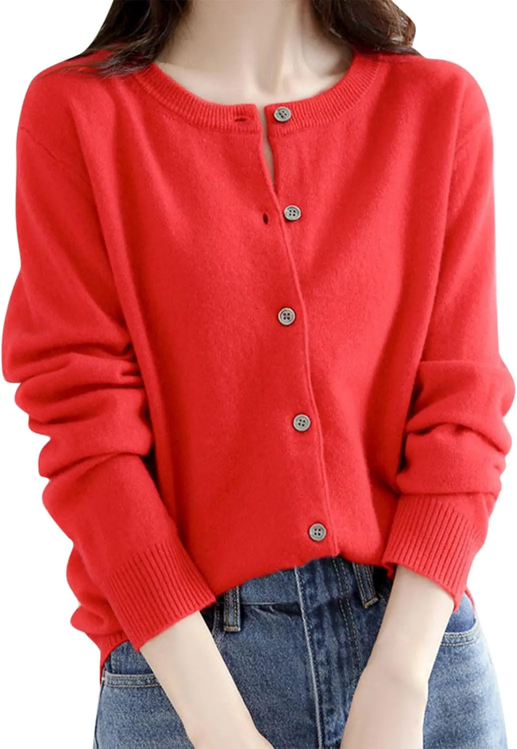 Womens Basic Crew Neck Long Sleeve Button Down Cardigan Knit Coat Women