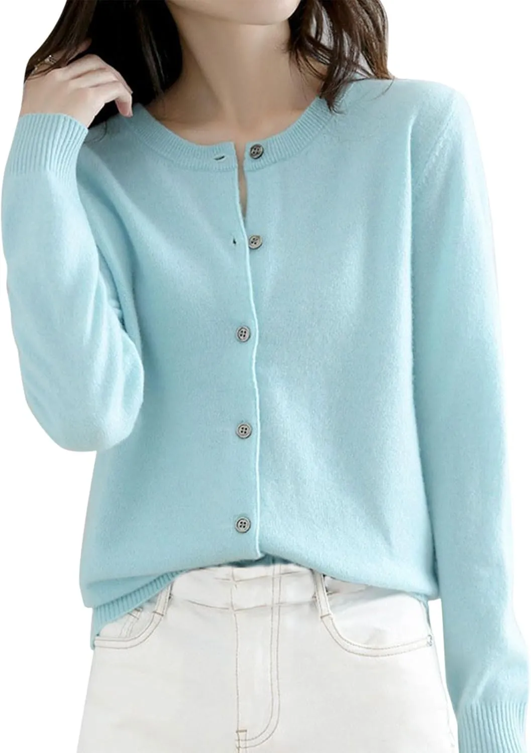 Womens Basic Crew Neck Long Sleeve Button Down Cardigan Knit Coat Women