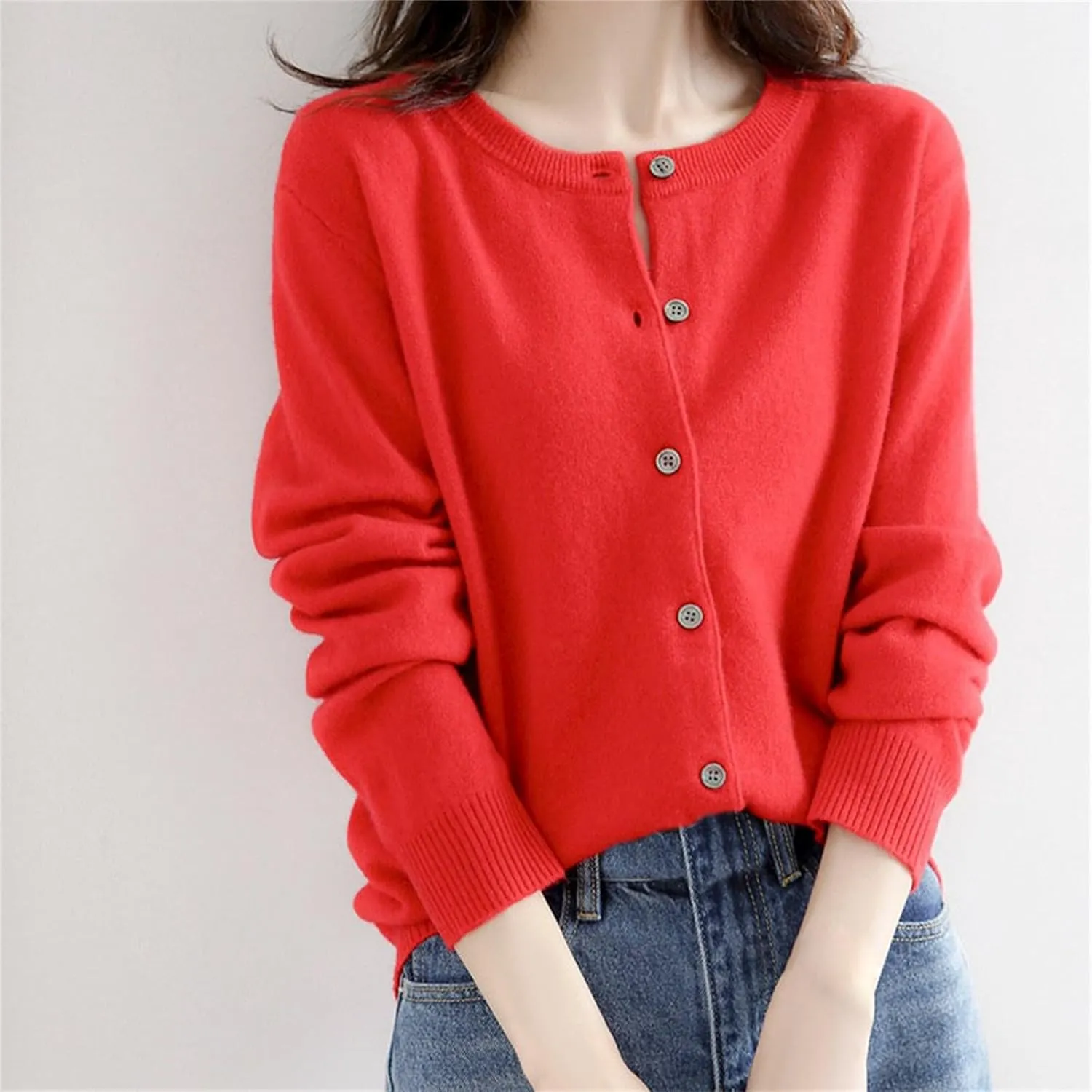 Womens Basic Crew Neck Long Sleeve Button Down Cardigan Knit Coat Women