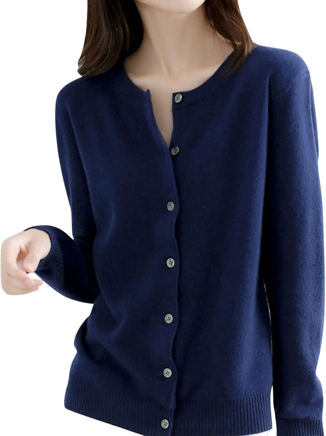 Womens Basic Crew Neck Long Sleeve Button Down Cardigan Knit Coat Women