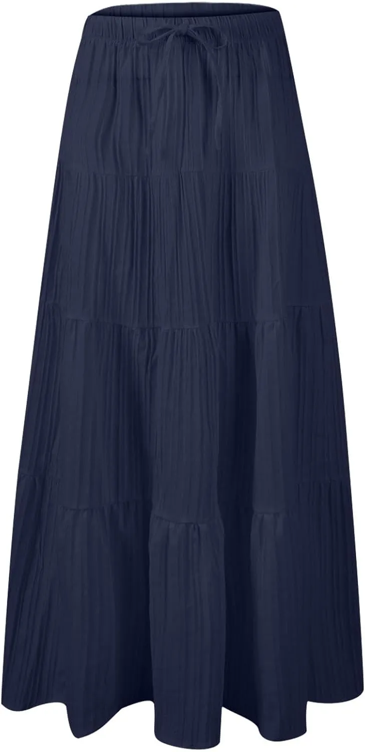 Women's Beach Vacation Skirts Summer Flowy Ruffle Boho Pleated Drawstring Maxi Skirt Casual Fashion Flowy Skirts