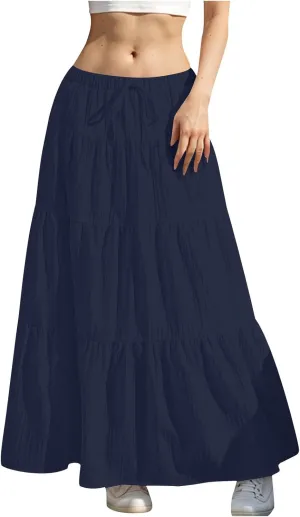 Women's Beach Vacation Skirts Summer Flowy Ruffle Boho Pleated Drawstring Maxi Skirt Casual Fashion Flowy Skirts