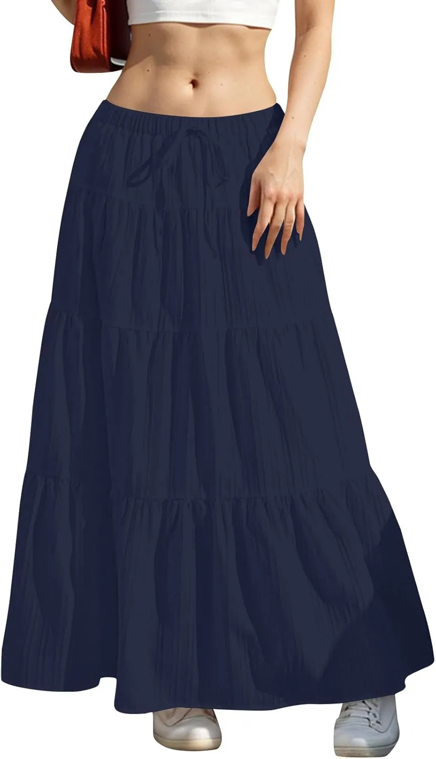 Women's Beach Vacation Skirts Summer Flowy Ruffle Boho Pleated Drawstring Maxi Skirt Casual Fashion Flowy Skirts