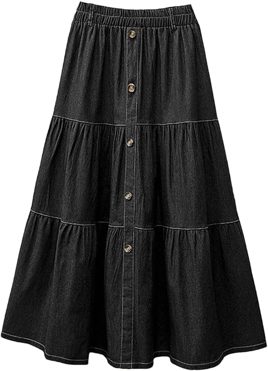 Women's Blue Denim A-Line Skirt Elastic Waist Casual Overskirt, Solid Color Loose Fit for Work & Holiday